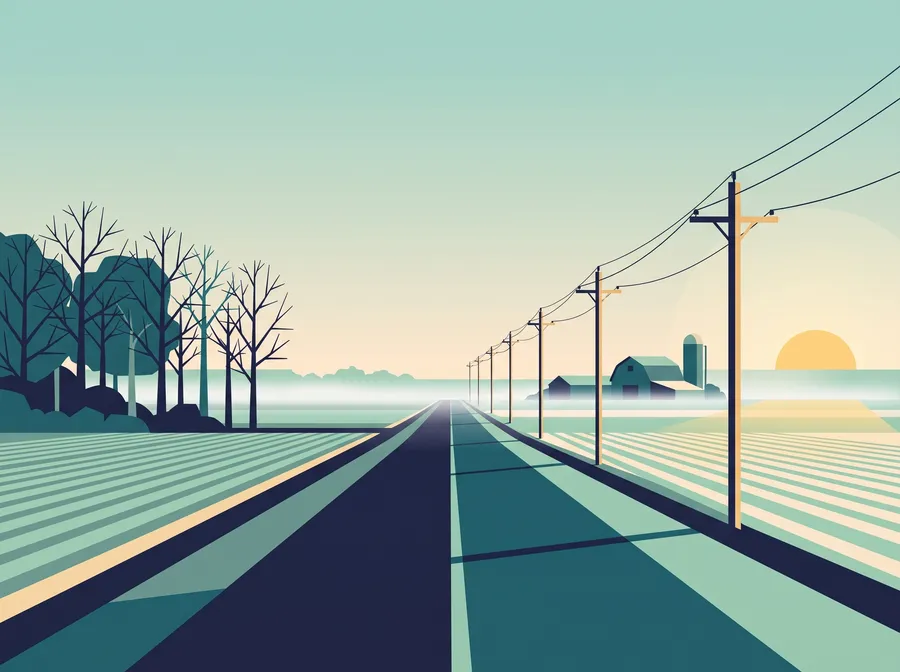 Country road through flat farm fields at dawn