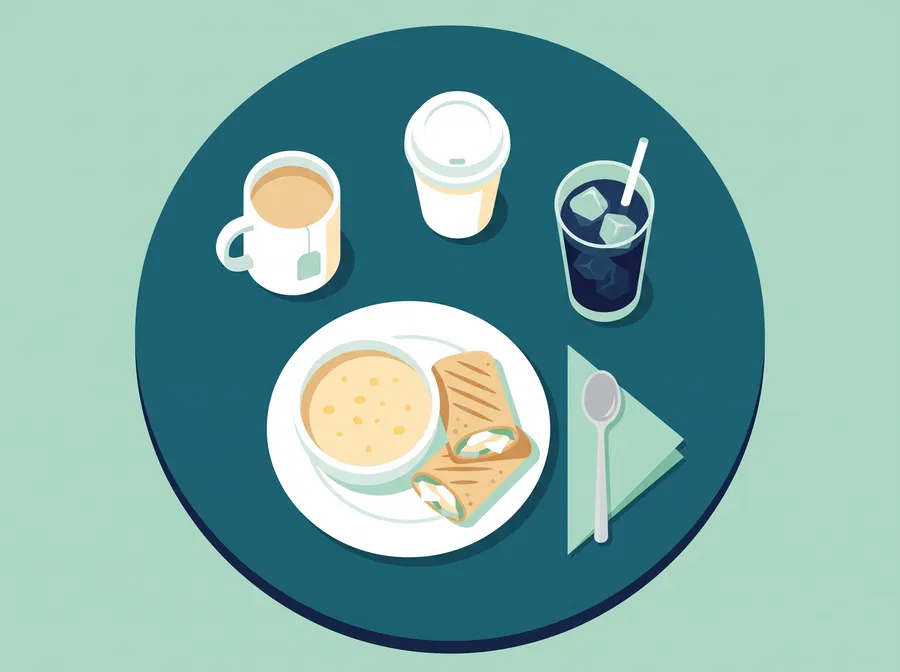 Soup, a wrap, tea, coffee and fountain pop on a table