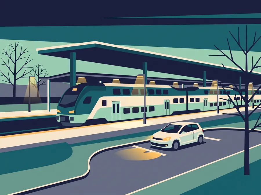 Commuter train at a platform, a car in the loop